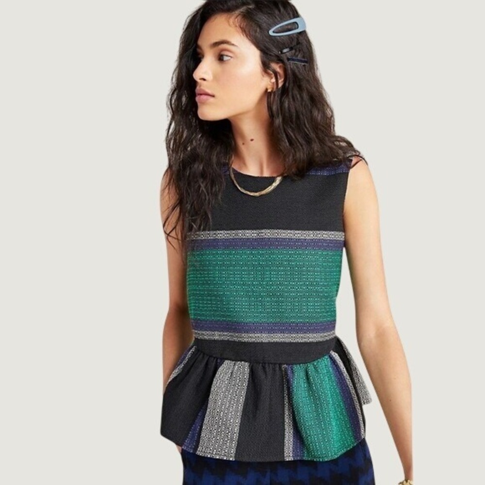 Corey Lynn Calter Anthropologie Texture Striped Woven Peplum Top Size S Preppy